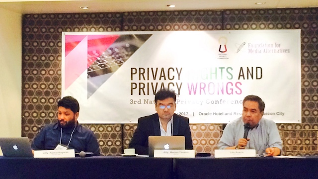'COMELEAK' PANEL. Atty Romel Bagares, Atty Marlon Tonson and IT expert Angel Averia speak about the 2016 voters' data leak at the 3rd National Privacy Conference in Quezon City on January 20, 2017. Michael Bueza/Rappler 
