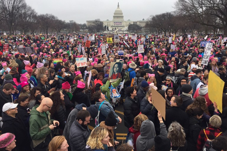 PROTEST. Demonstrators protest on the National Mall in Washington, DC, for the Women's March on January 21, 2017. Andrew Caballero-Reynolds/AFP 
